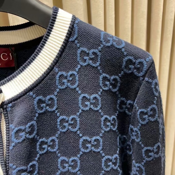 Gucci GG Logo Monogram Striped Jacquard Knit Cotton Cardigan in Navy size Small - Picture 6 of 8